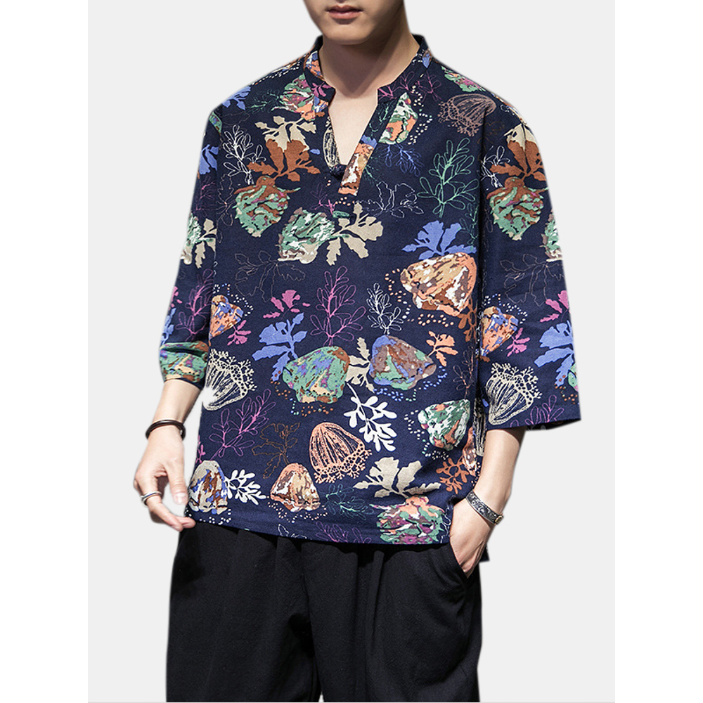 Mens Chinese Style Half Sleeve Floral Printed Casual T-Shirt - 3XL #2