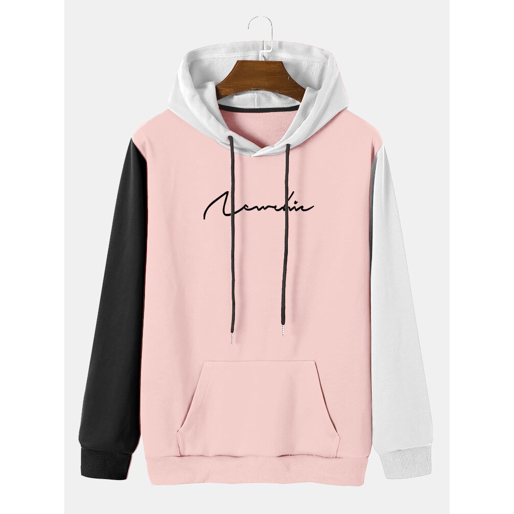 Mens Letter Green Patchwork Retro Hooded Sweatshirt - Green S