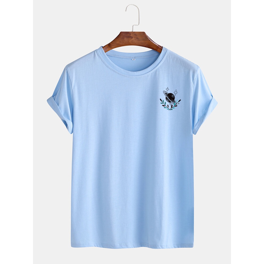 Mens Planet Chest Print Crew Neck Cotton Short Sleeve Casual T-Shirts - Pink S