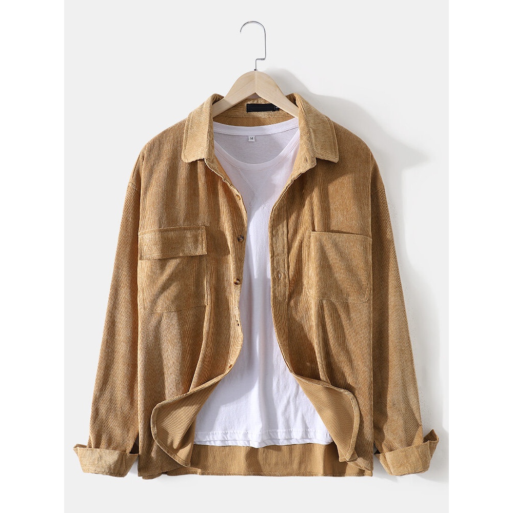 Mens Corduroy Double Pocket Simple Long Sleeve Shirts - Blue S