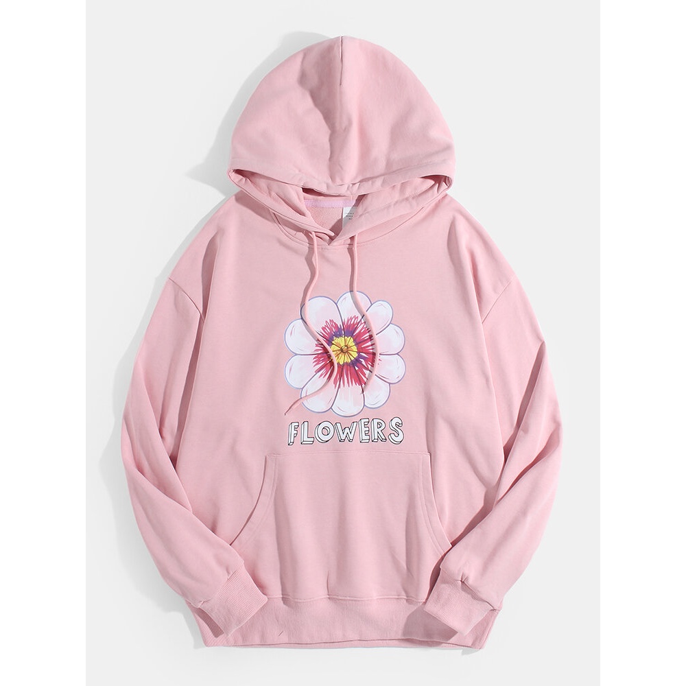 Mens Flower Chest Print Cotton Solid Casual Loose Drawstring Hoodie - Pink S