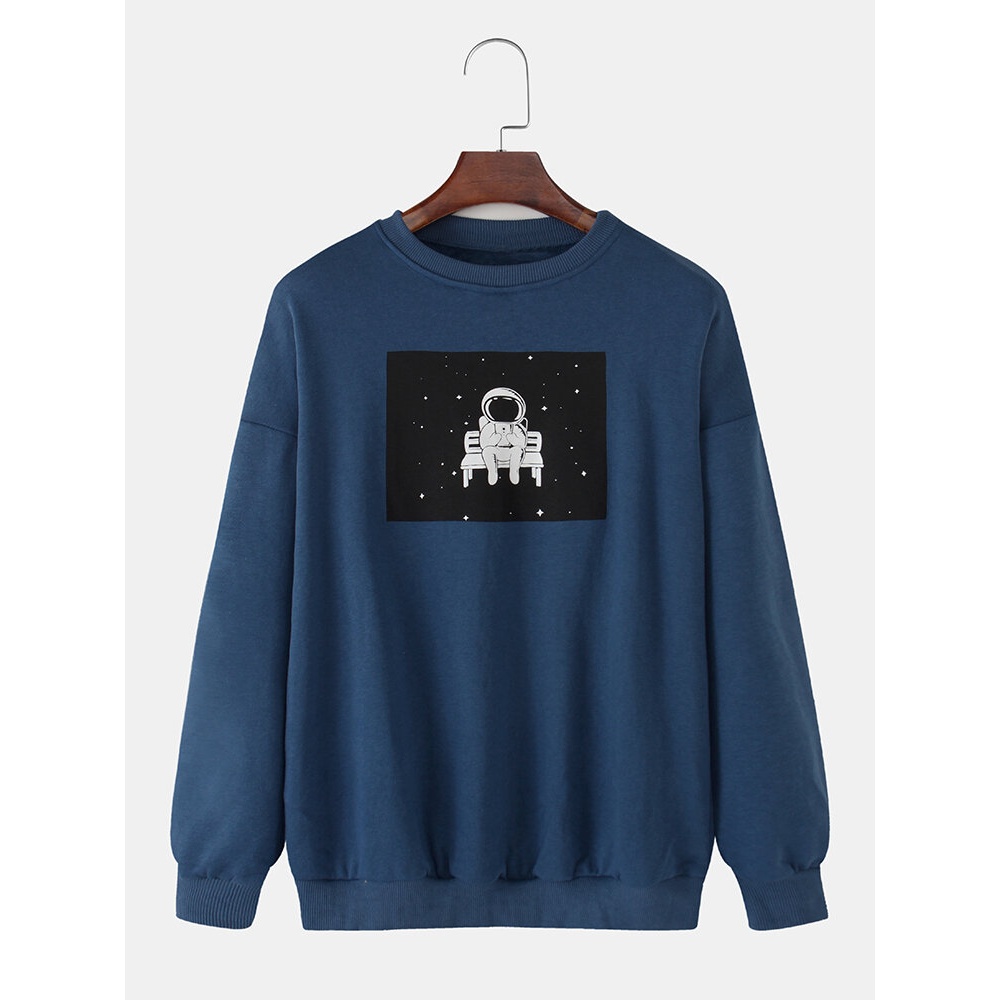 Mens Cute Cartoon Astronaut Print Long Sleeve Drop Shoulder Sweatshirts - Apricot XL