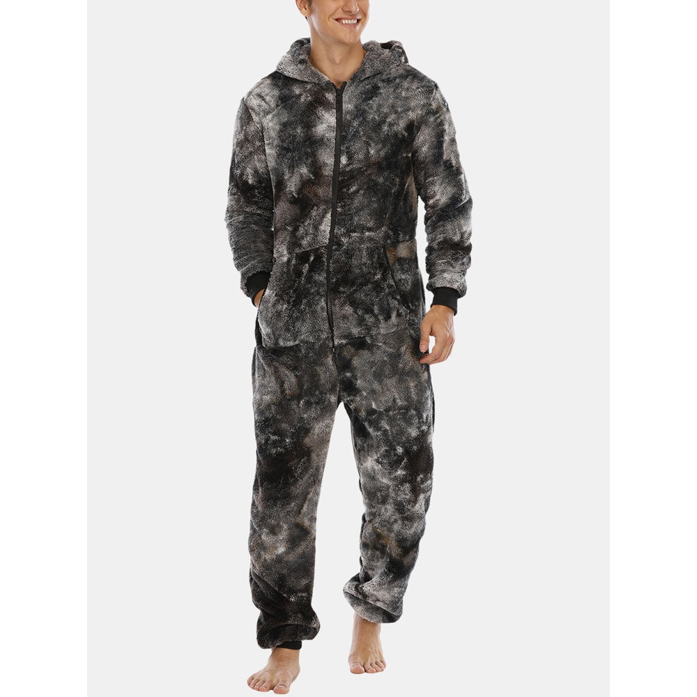 Mens Tie Dye Warm Fleece Plush Hooded Jumpsuit One Piece Home Sleepwear - Grey S