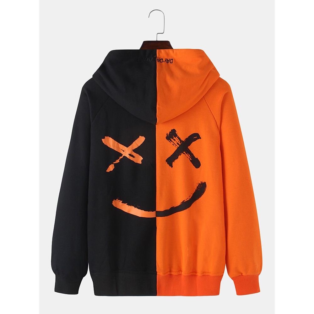 Mens Patchwork Letter Print Raglan Long Sleeves Design Drawstring Hoodies - White S