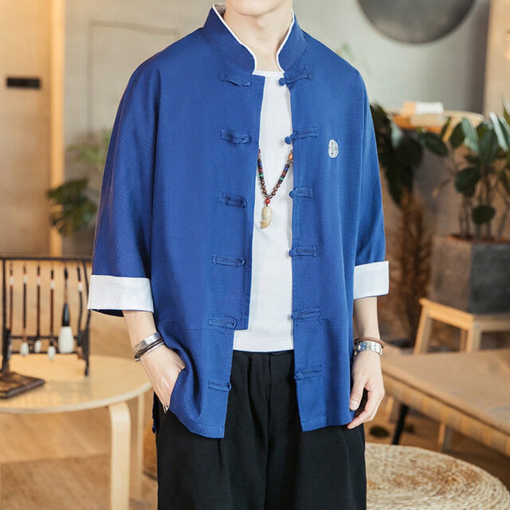 Chinese Style Shirt Male Loose Kimono Retro Cotton And Linen Seven-point Sleeves National Tide Black Robe Short-sleeved Shirt Jacket Tide - 5XL China