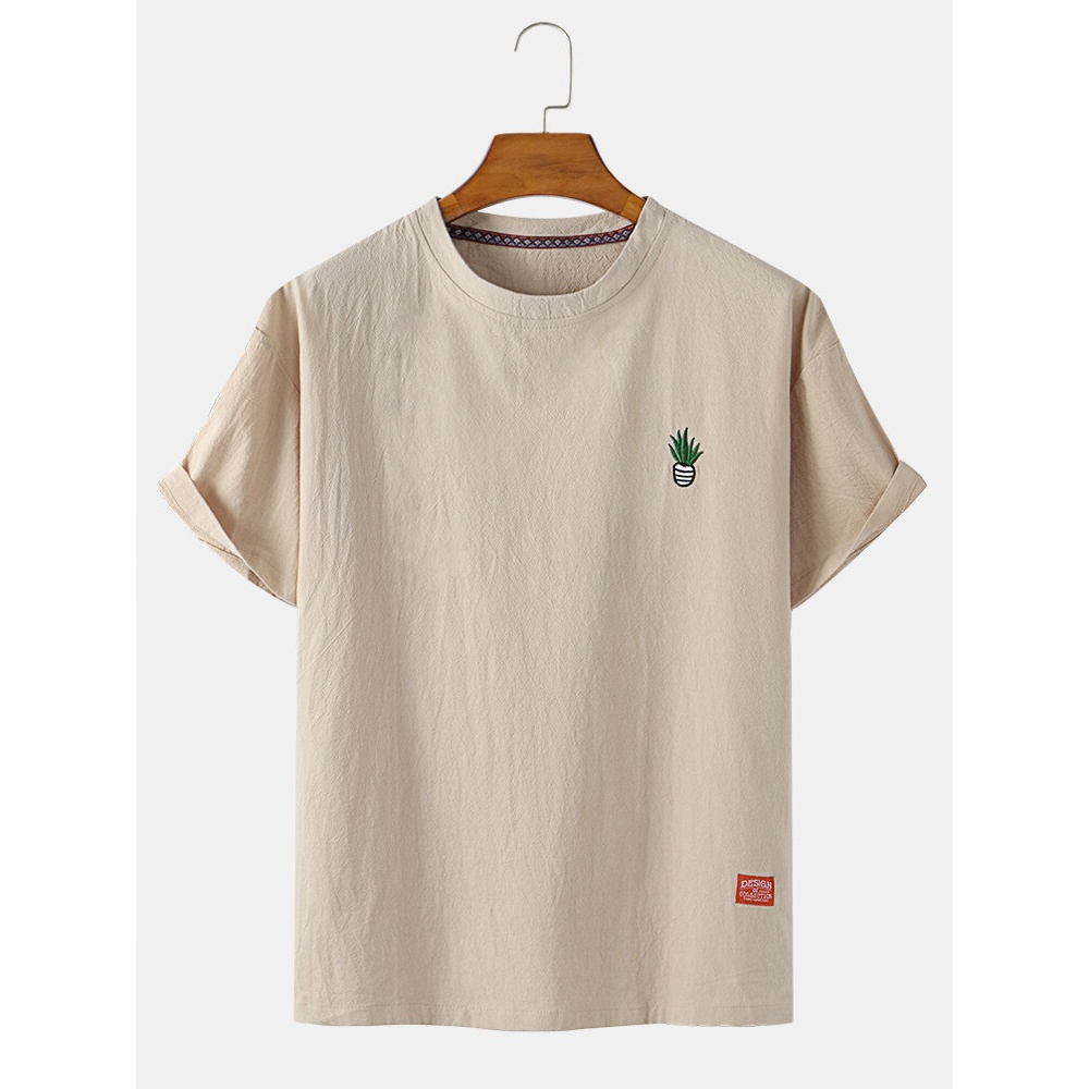 Pineapple Embroidery Round Neck Breathable Short Sleeve T-Shirts - Grey 2XL