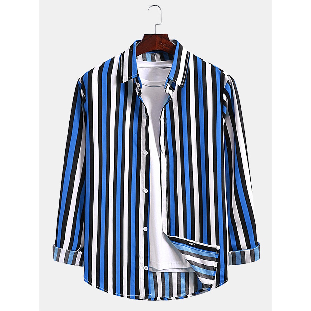 Mens Colorful Stripe Print Lapel Button Up Long Sleeve Casual Shirts - Red L