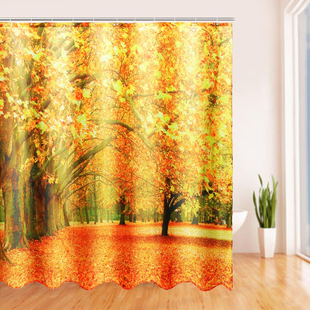 71''x71'' Autumn Deciduous Forest Waterproof Polyester Shower Curtains With Hooks - Trees Shade Path - Image 2