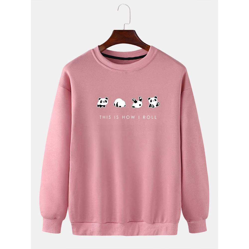 Mens Cartoon Panda Print Slogan Pattern Pullover Casual Sweatshirts - Black S