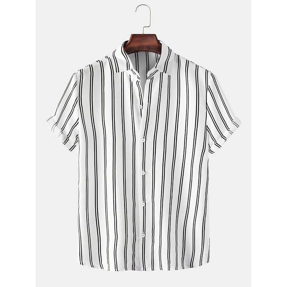 Casual Mens Vertical Stripes Button Up Short Sleeve Shirts - White M