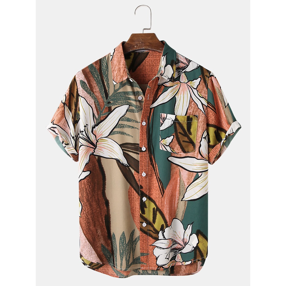 Mens Flower Print Pocket Lapel Short Sleeve Shirt - Apricot S