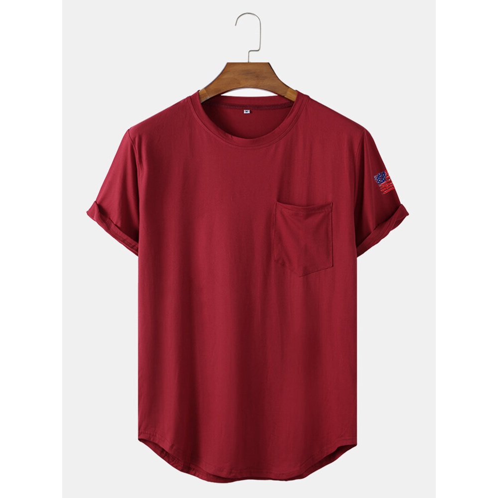Mens Solid Color American Flag Sleeve Curved Hem T-Shirt With Pocket - Wine Red M