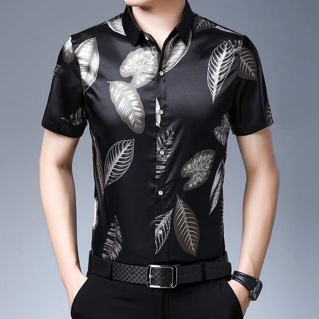Mid-aged Men's Printed Short-sleeved Shirt Thin Section Fashion Casual Silk Shirt - M/110 Gray - Image 2