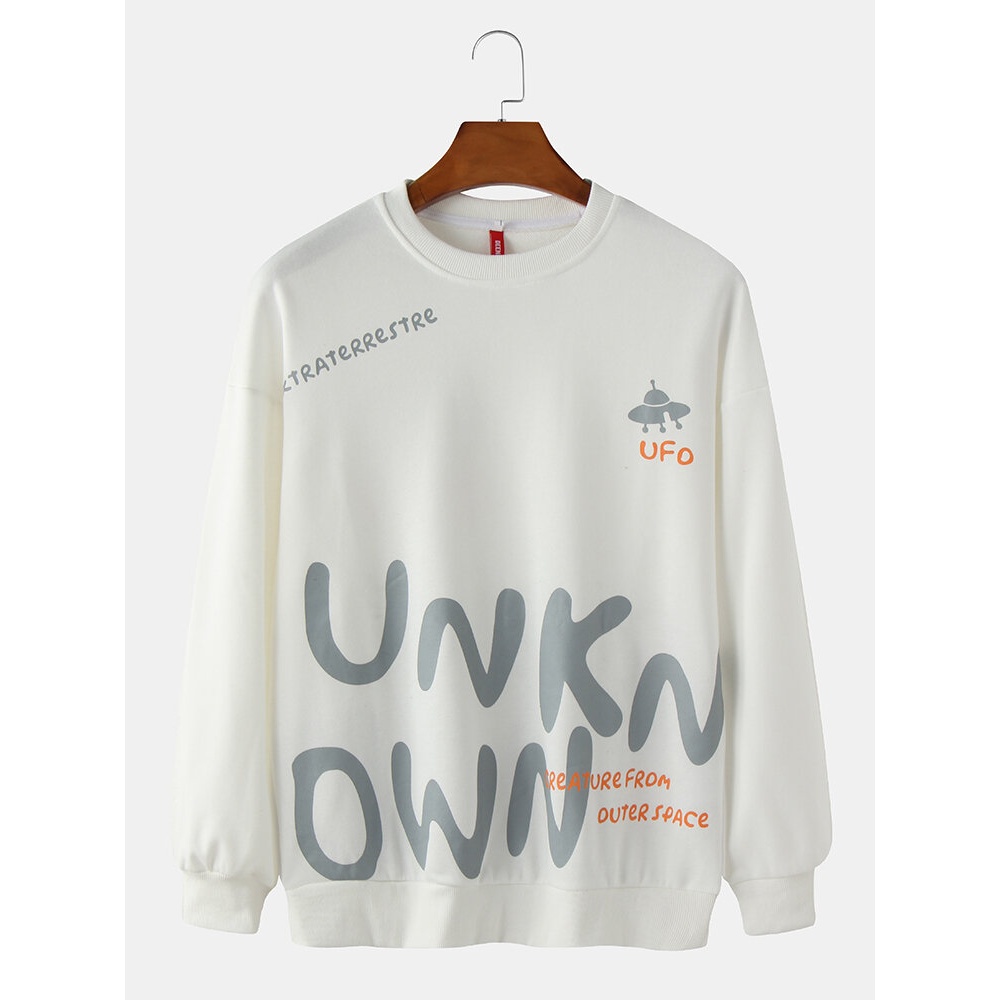 Mens Graffiti Letter Print Round Neck Pullover Long Sleeve Sweatshirts - White XL