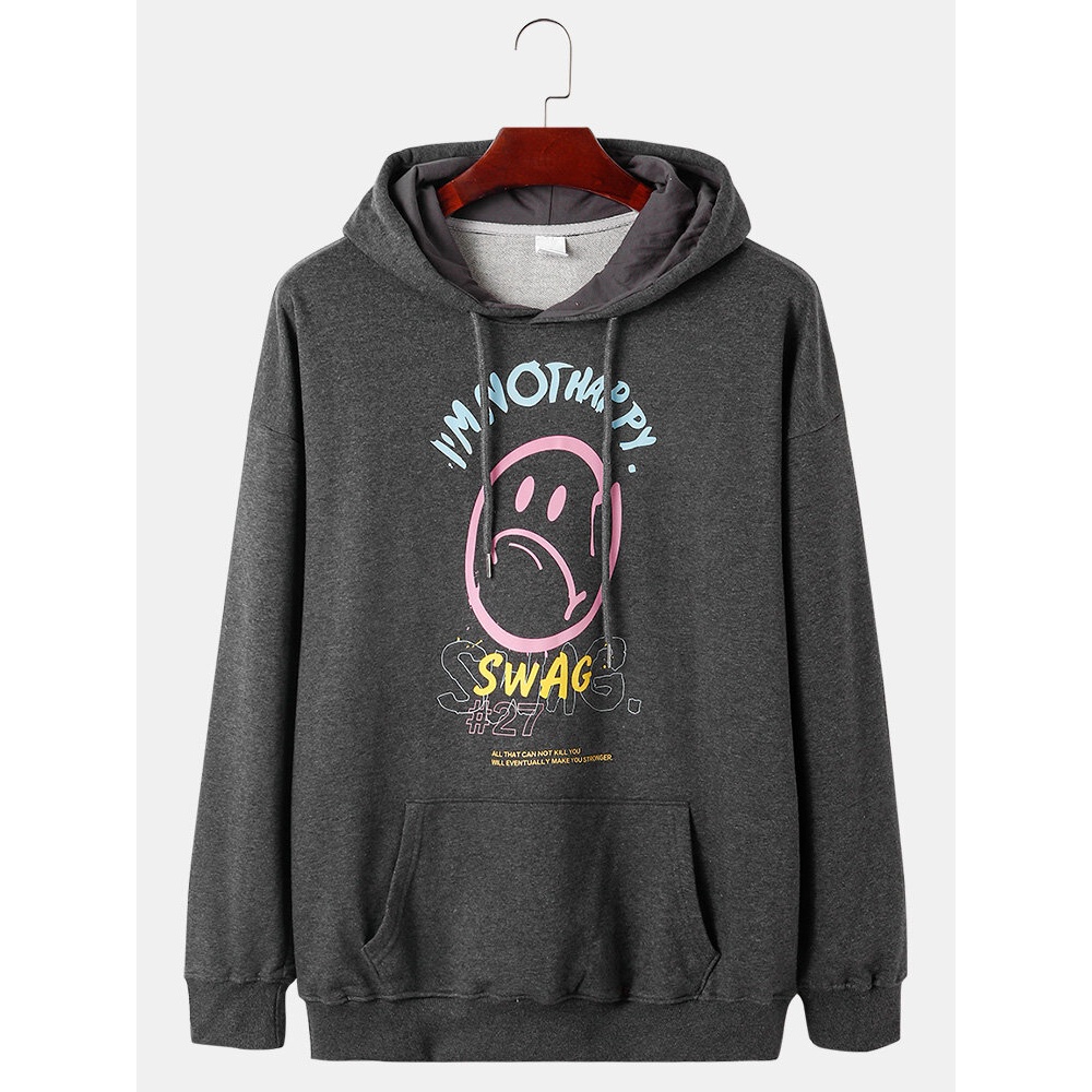 Mens Funny Emojis Chest Print Plain Loose Fit Drawstring Hoodies With Kangaroo Pocket - Black M