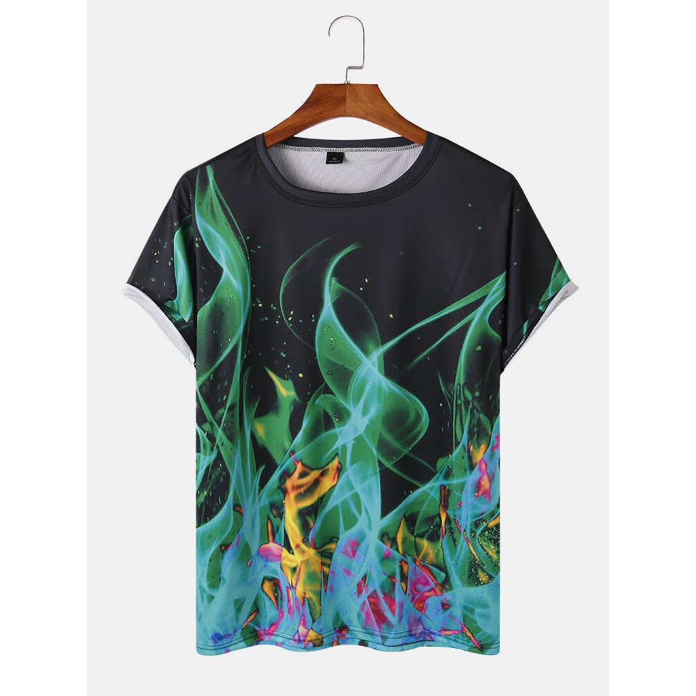 Men Casual Fire Pattern Round Neck Short Sleeve T-Shirts - Black L