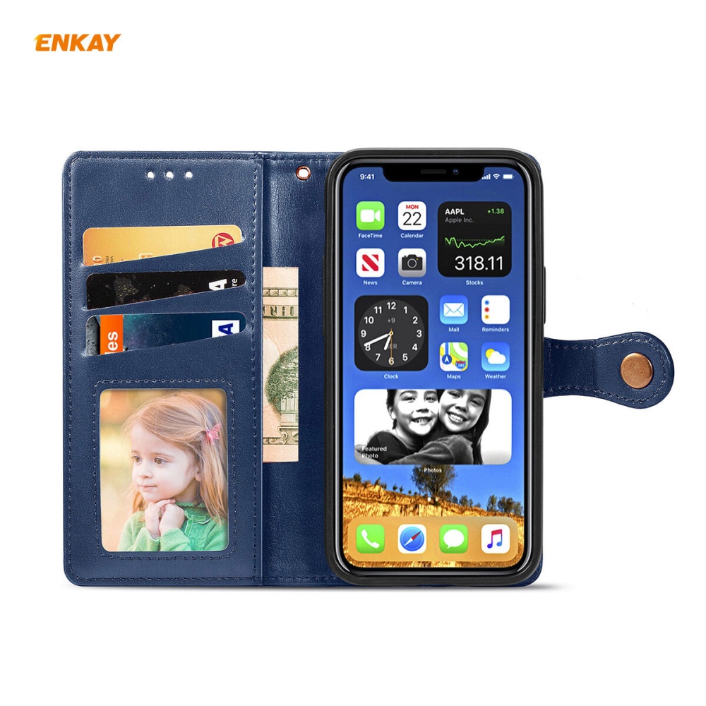 Enkay for iPhone 12 Pro / 12 Case Retro Litchi Pattern Flip with Mutiple Card Slots Wallet Stand PU Leather Full Cover Protective Cover - Dark Blue - Image 2