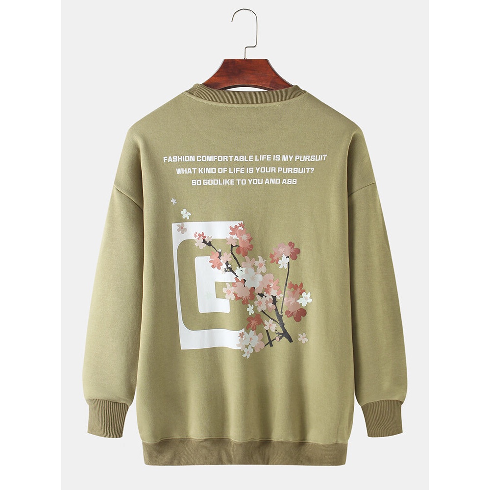 Mens Design Slogan & Floral Back Print Round Neck Pullover Long Sleeve Sweatshirts - Blue M