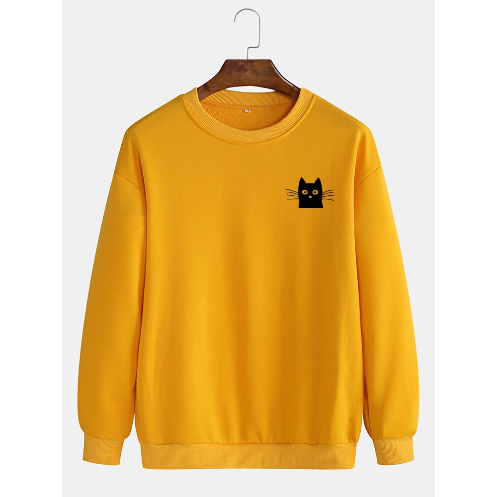 Mens Cotton Cartoon Cat Print Simple Long Sleeve Drop Shoulder Sweatshirts - White M