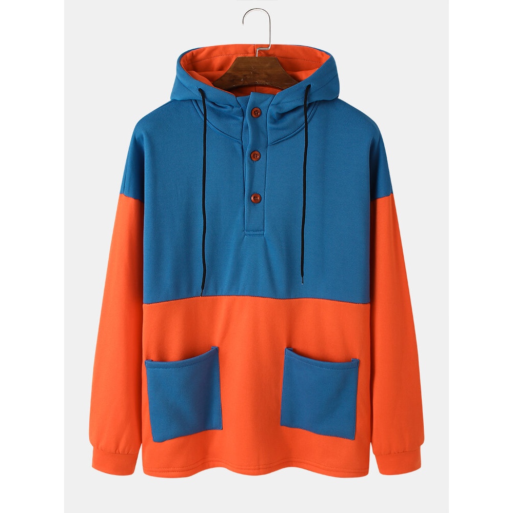 Mens Color Block Patchwork Button Up Double Pockets Casual Hoodie - Black grey M