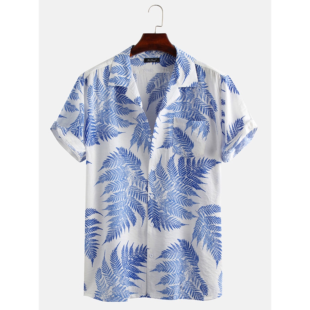 Pine Leaves Print 100% Cotton Short Sleeve Chest Pocket Relaxed Shirts - Blue S