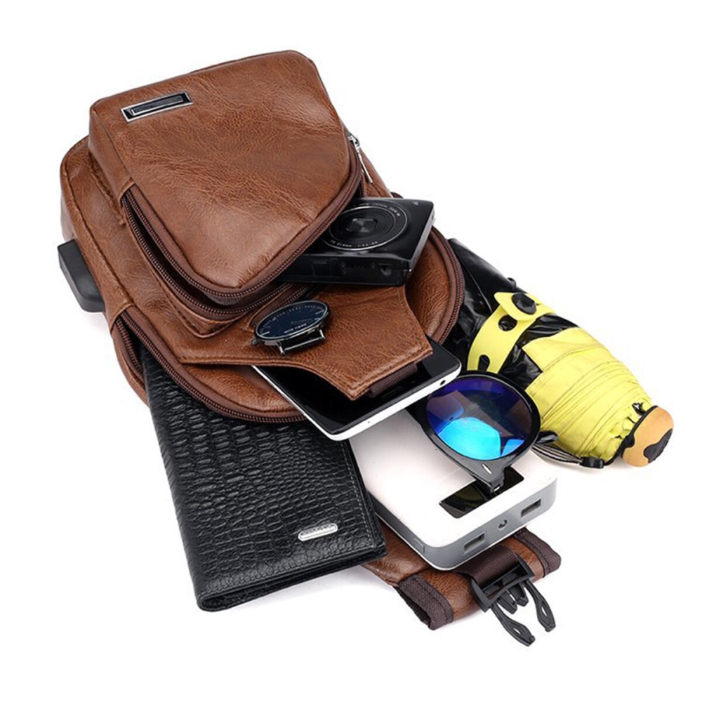 Casual Outdoor Travel USB Charging Port Sling Bag Leather Chest Bag Crossbody Bag - Black - Image 2