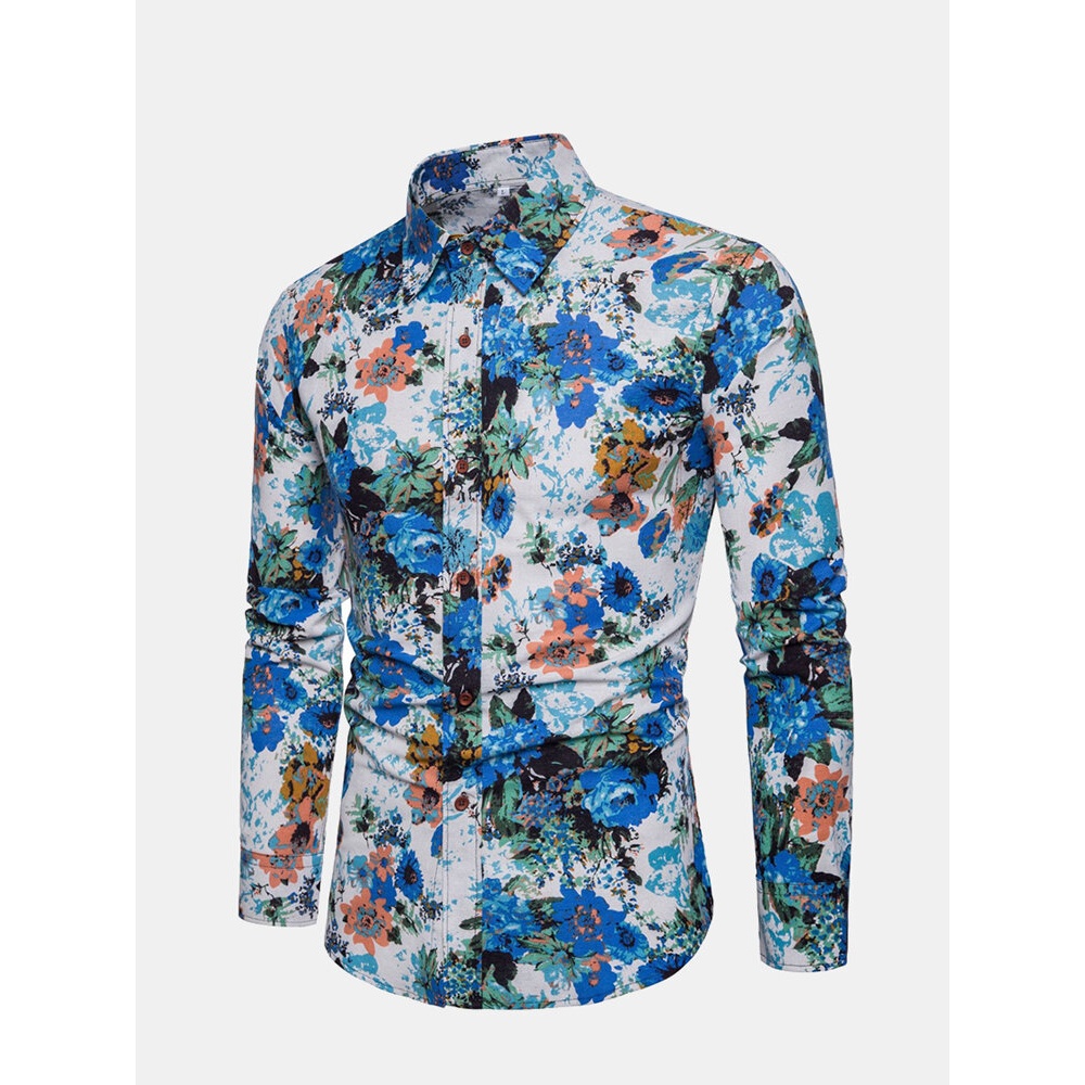 Men's Vintage Floral Printing Slim Shirts - S Blue
