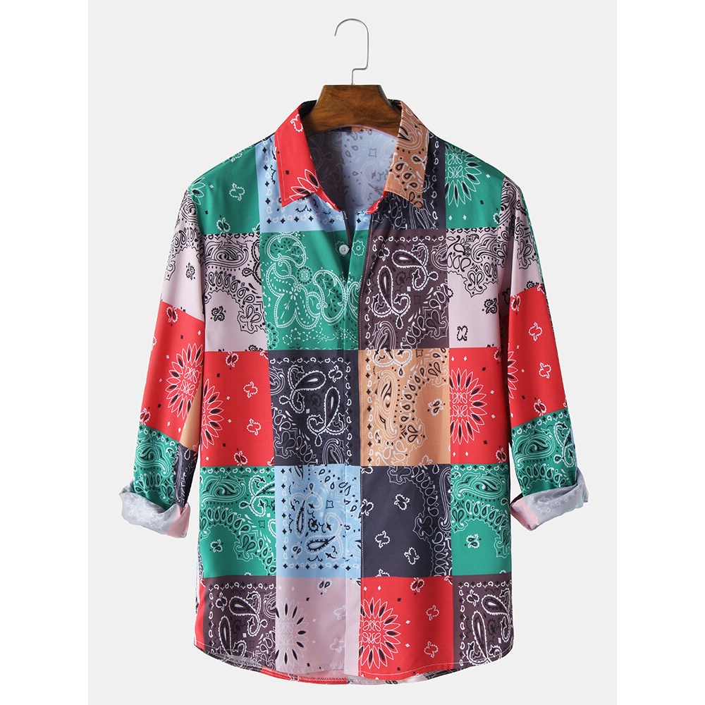 Mens Paisley Ethnic Print Color Block Relaxed Fit Long Sleeve Shirts - Multicolor S
