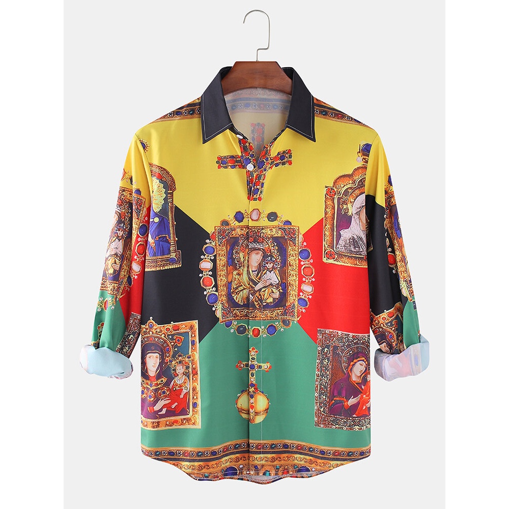 Mens Figure Painting Print & Color Block Lapel Long Sleeve Ethnic Style Shirts - Colorful S