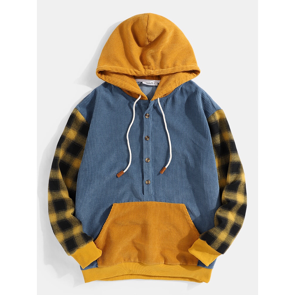 Mens Plaid Corduroy Stitching Half Button Casual Drawstring Hoodies - S Blue
