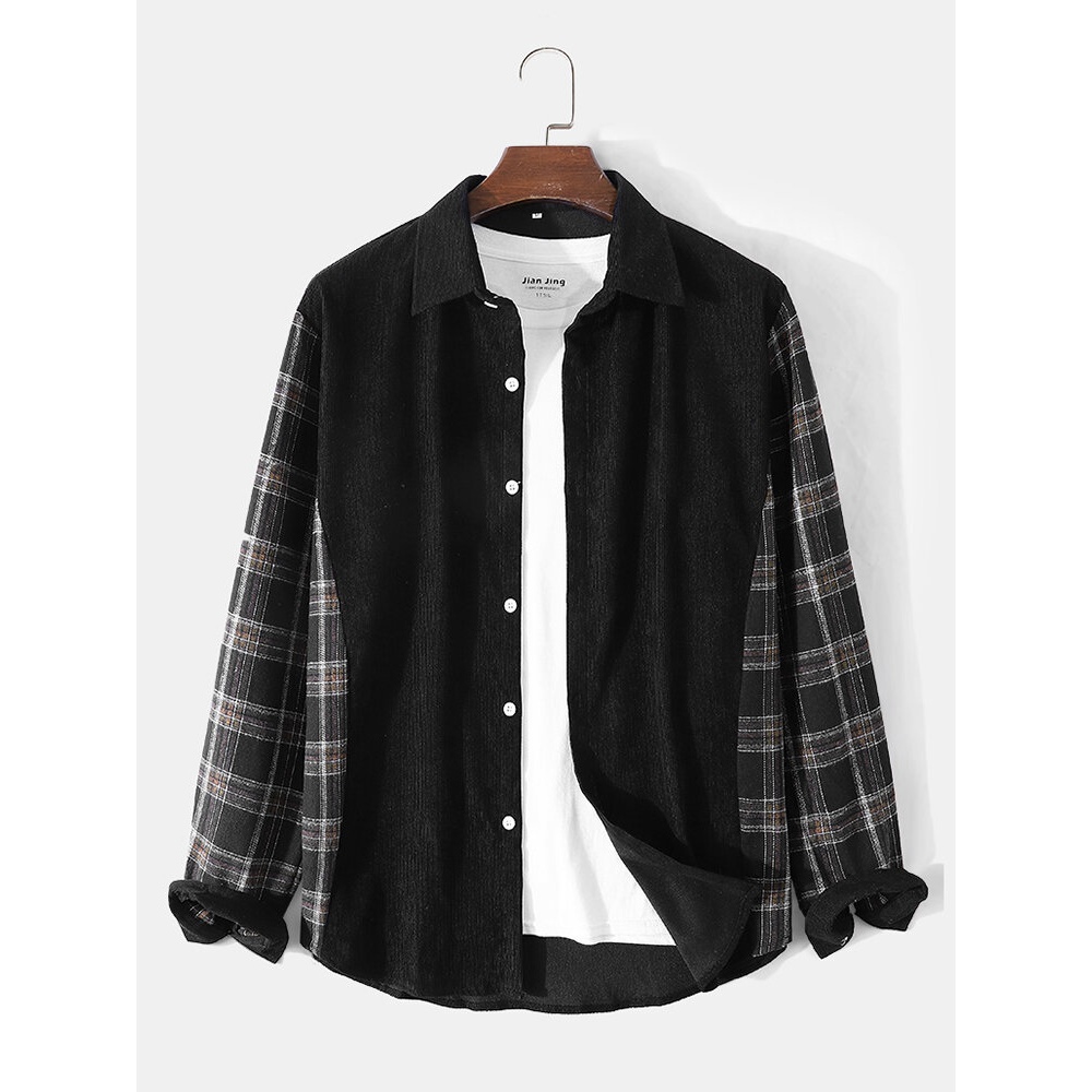 Men Patchwork Corduroy Plaid Button up Casual Shirt - Black S