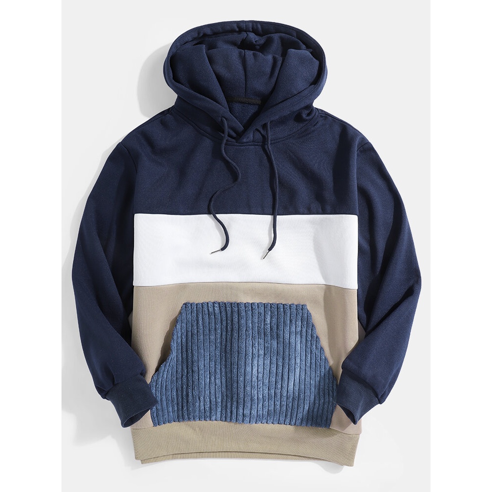 Mens Panel Stitching Kangaroo Pocket Casual Drawstring Hoodies - Dark Blue S