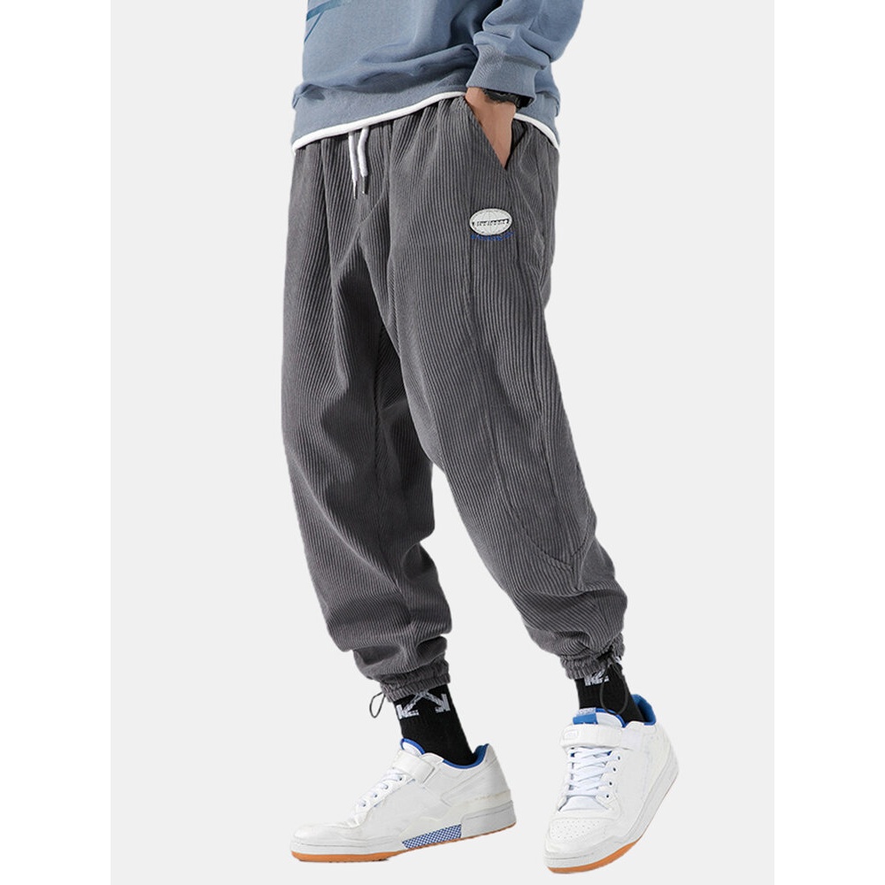 Mens Corduroy Applique Casual Drawstring Cuff Pants With Pocket - Grey M