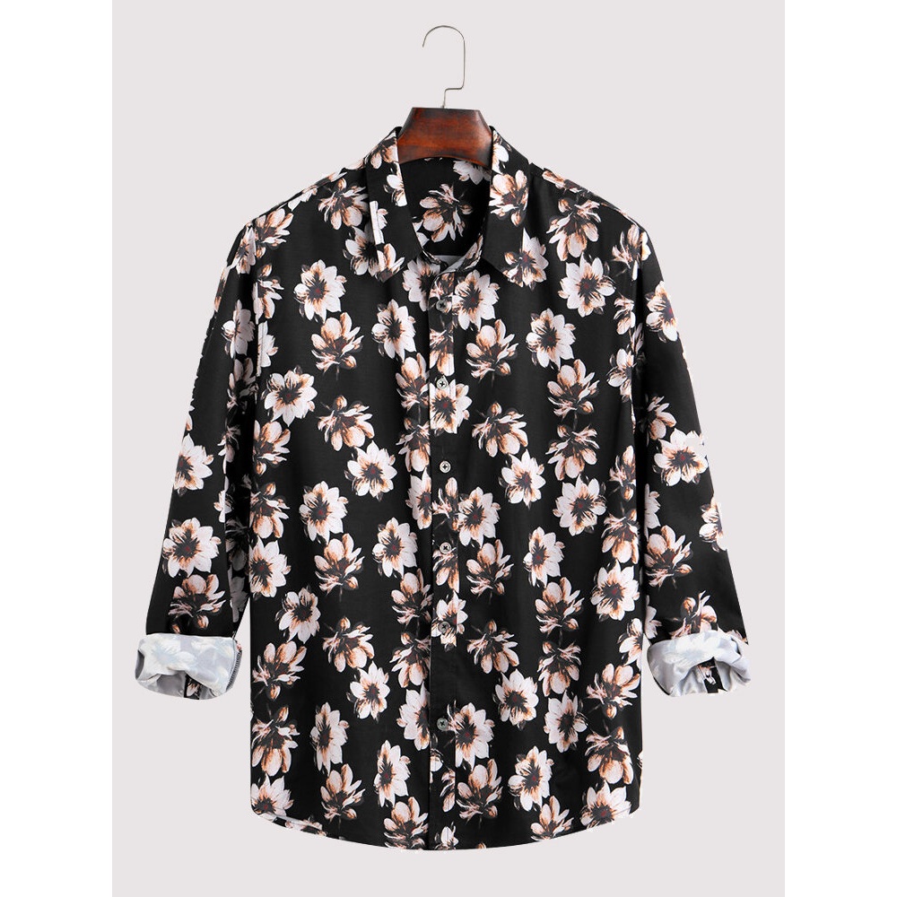 Men Blossom Floral Printed Long Sleeve Casual Shirts - M Black