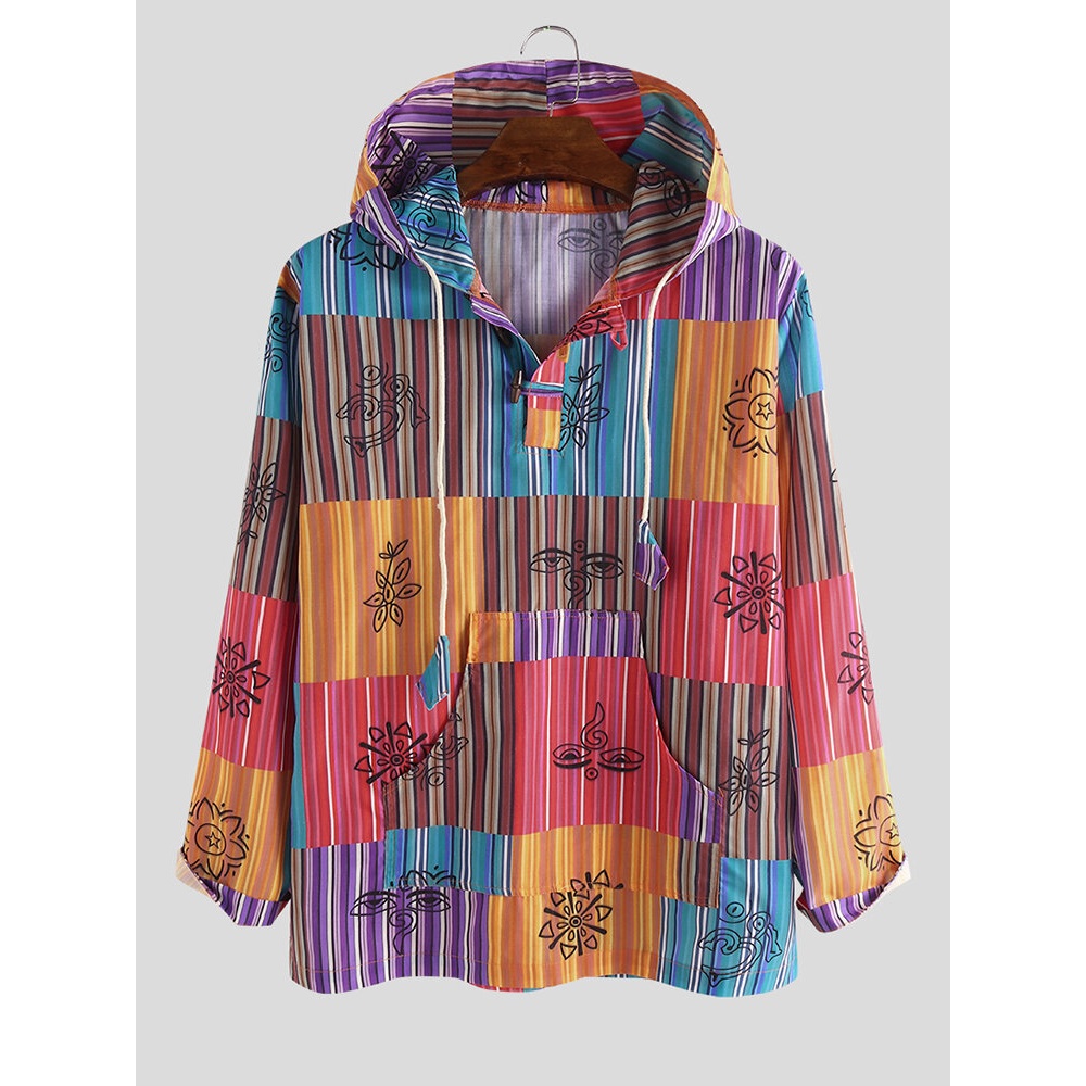 Mens Autumn Hooded Colorful Stripe Long Sleeve Casual Hoodie - M Colorful