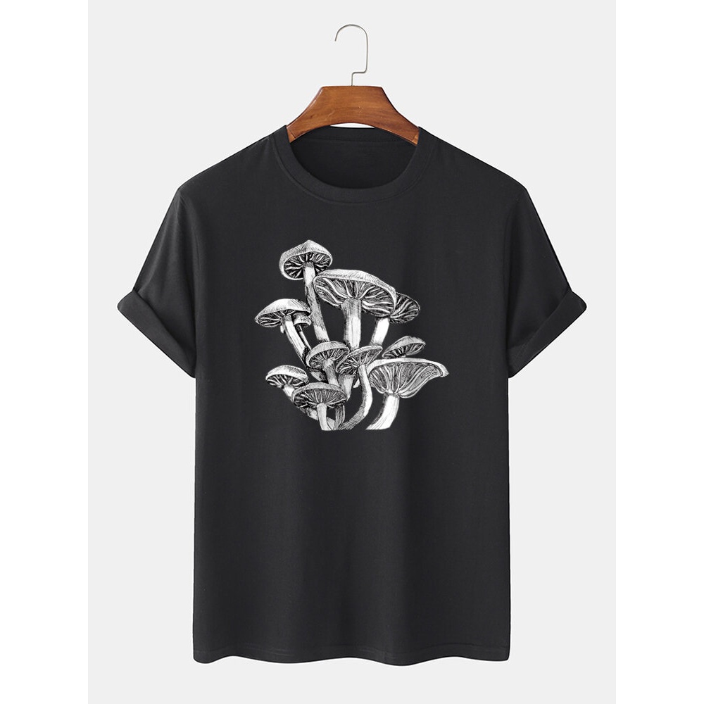 Mens Mushroom Sketches Print 100% Cotton O-Neck Short Sleeve T-Shirt - Black S