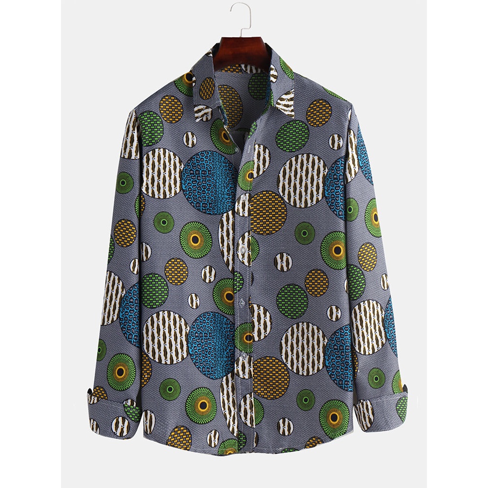 Men Color Printed Ethnic Style Casual Long Sleeve Lapel - XL Red