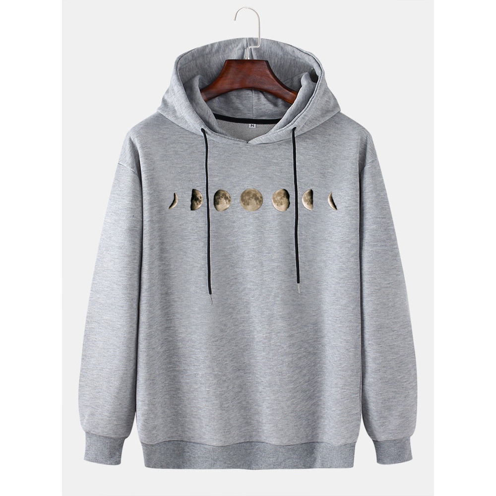 Mens Lunar Eclipse Print Simple Drop Shoulder Drawstring Hoodies - White M