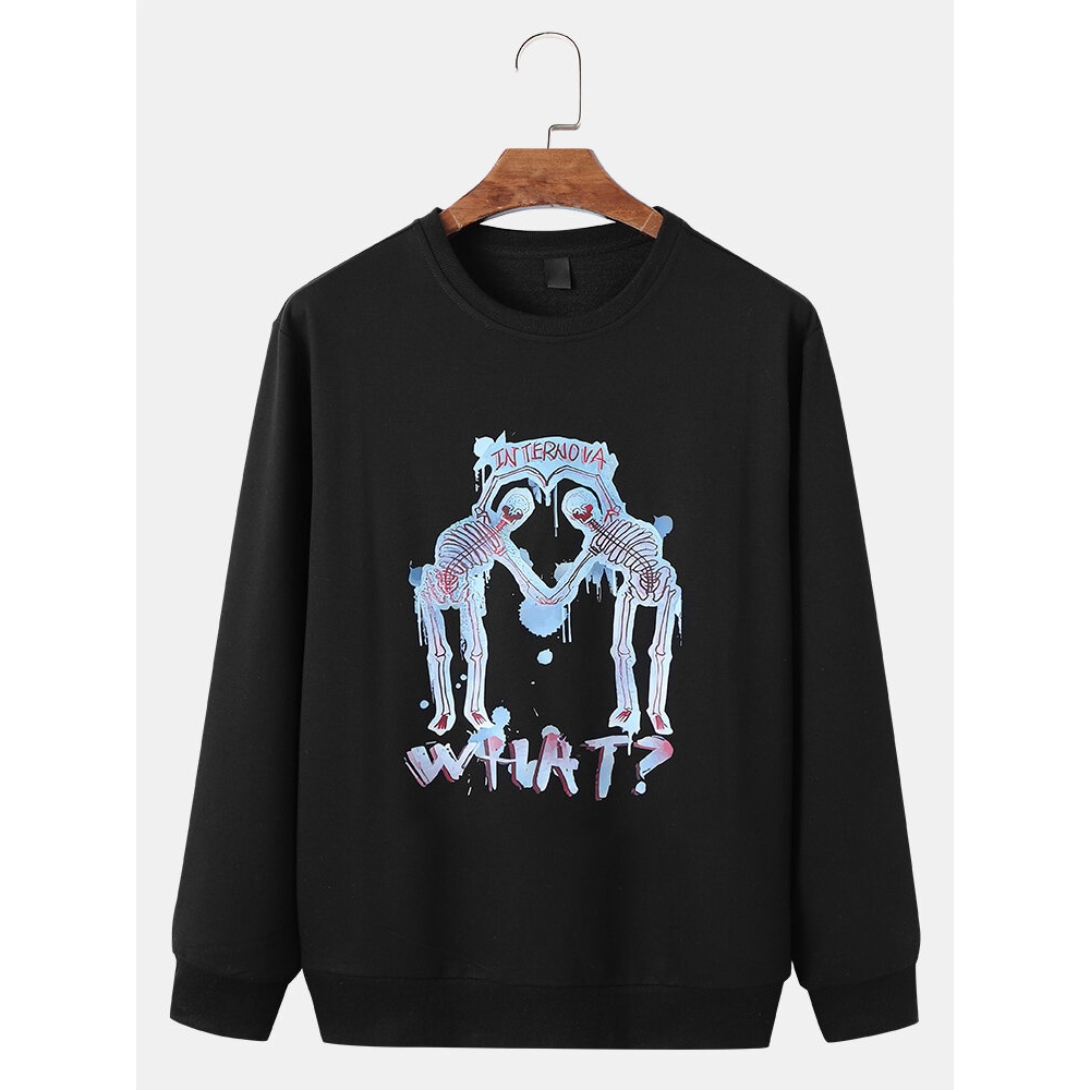 Men 100%Cotton Pattern Skull Funny Letter Crew Neck Casual Pullover Sweatshirt - Black S