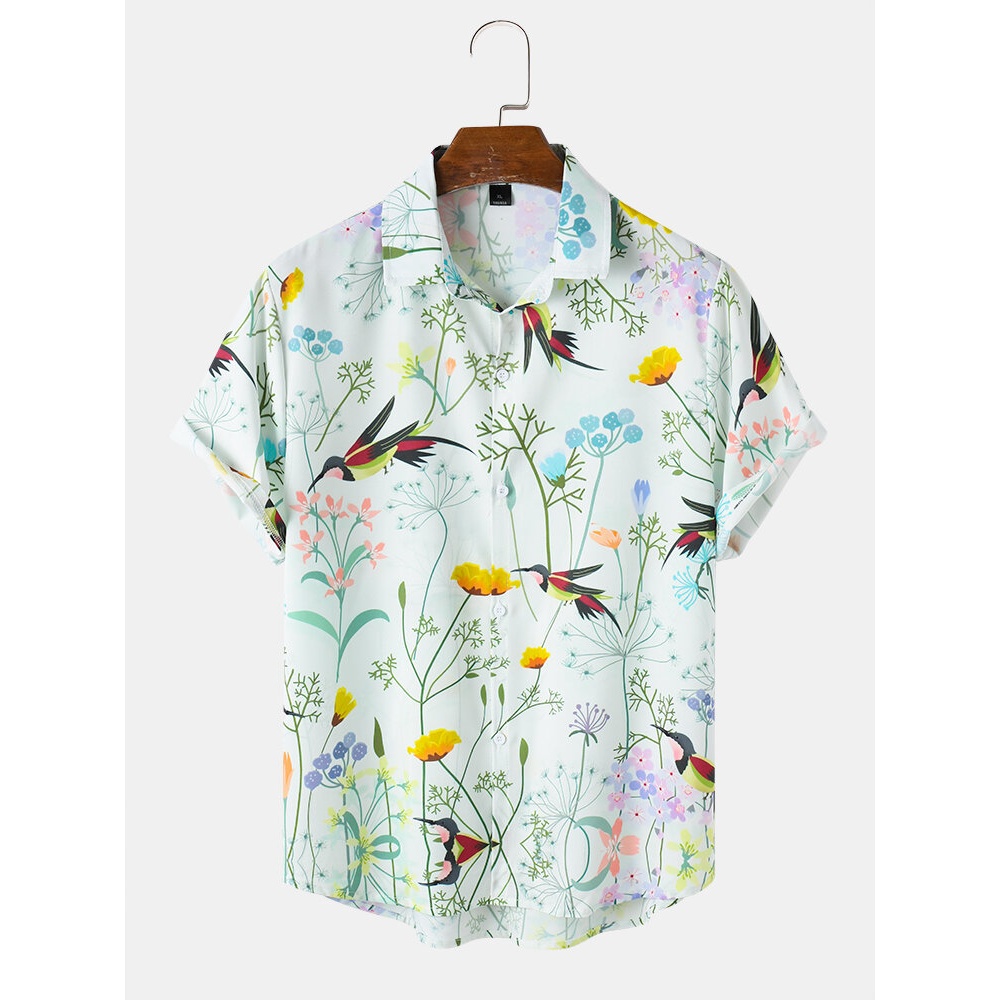 Mens Birds Floral Painting Print Holiday Casual Lapel Short Sleeve Shirt - White M