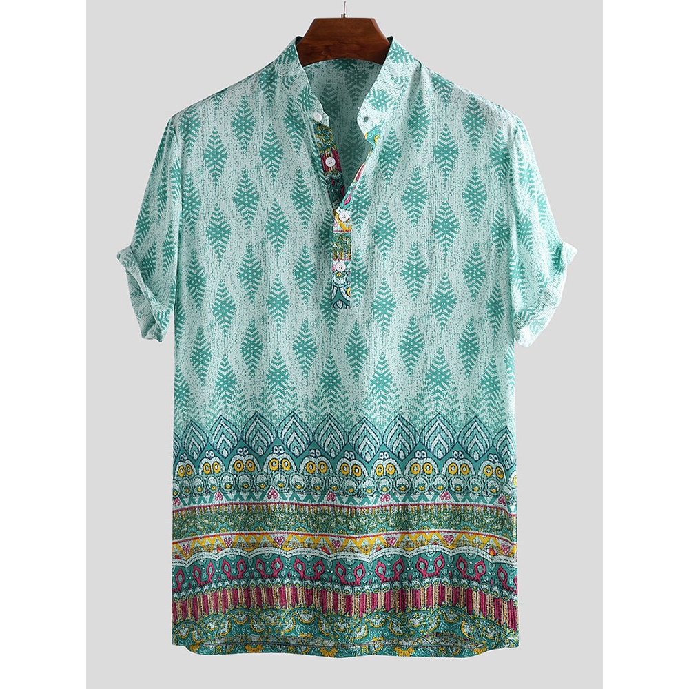 Mens Breathable Ethnic Printed Short Sleeve Henley Shirts - 3XL Green