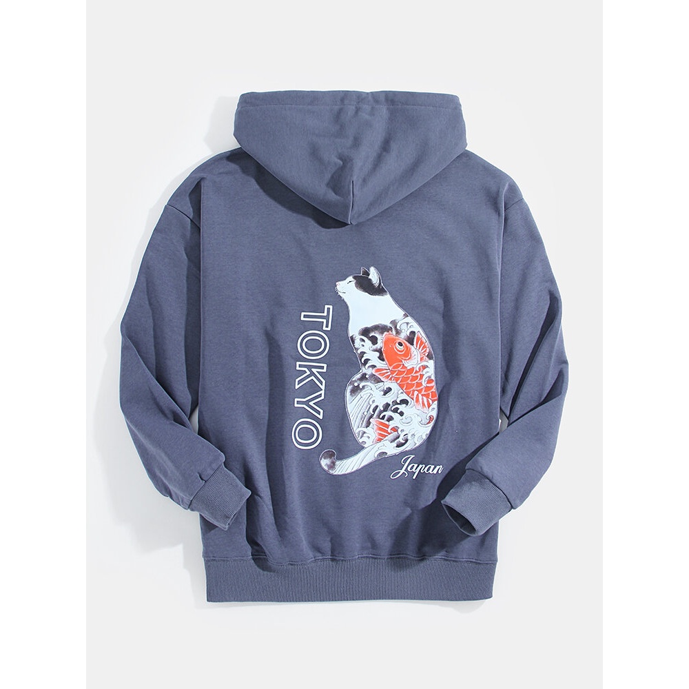 Mens Design Cat & Letter Back Graphics Drawstring Hoodies With Kangaroo Pocket - Black XL