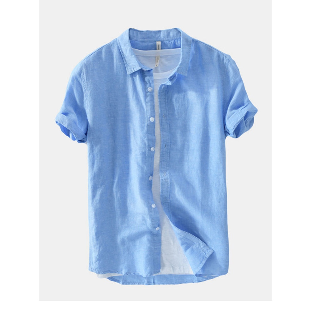 Mens Fashion New Solid Color Basic Short Sleeved Linen Shirts - M White