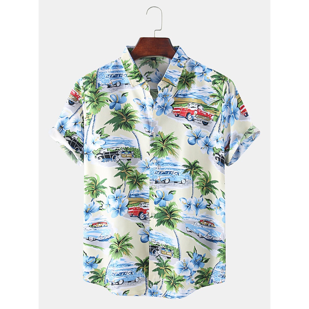 Mens Designer Cartoon Coconut Car Landscape Print Short Sleeve Hawaii Casual Shirts - Beige 2XL