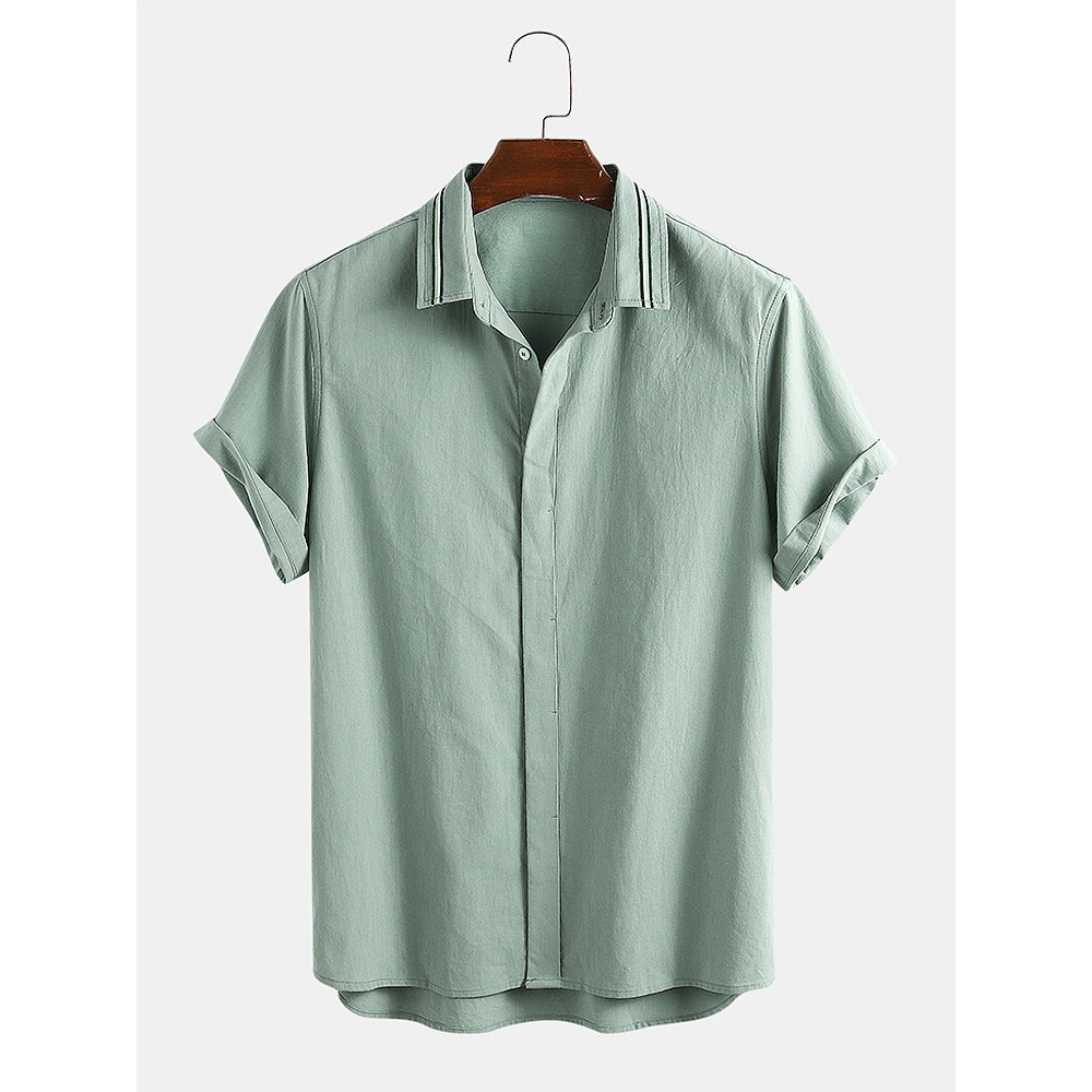 Men 100% Cotton Solid Color Hidden Buckle Holiday Casual Shirts - Green XL