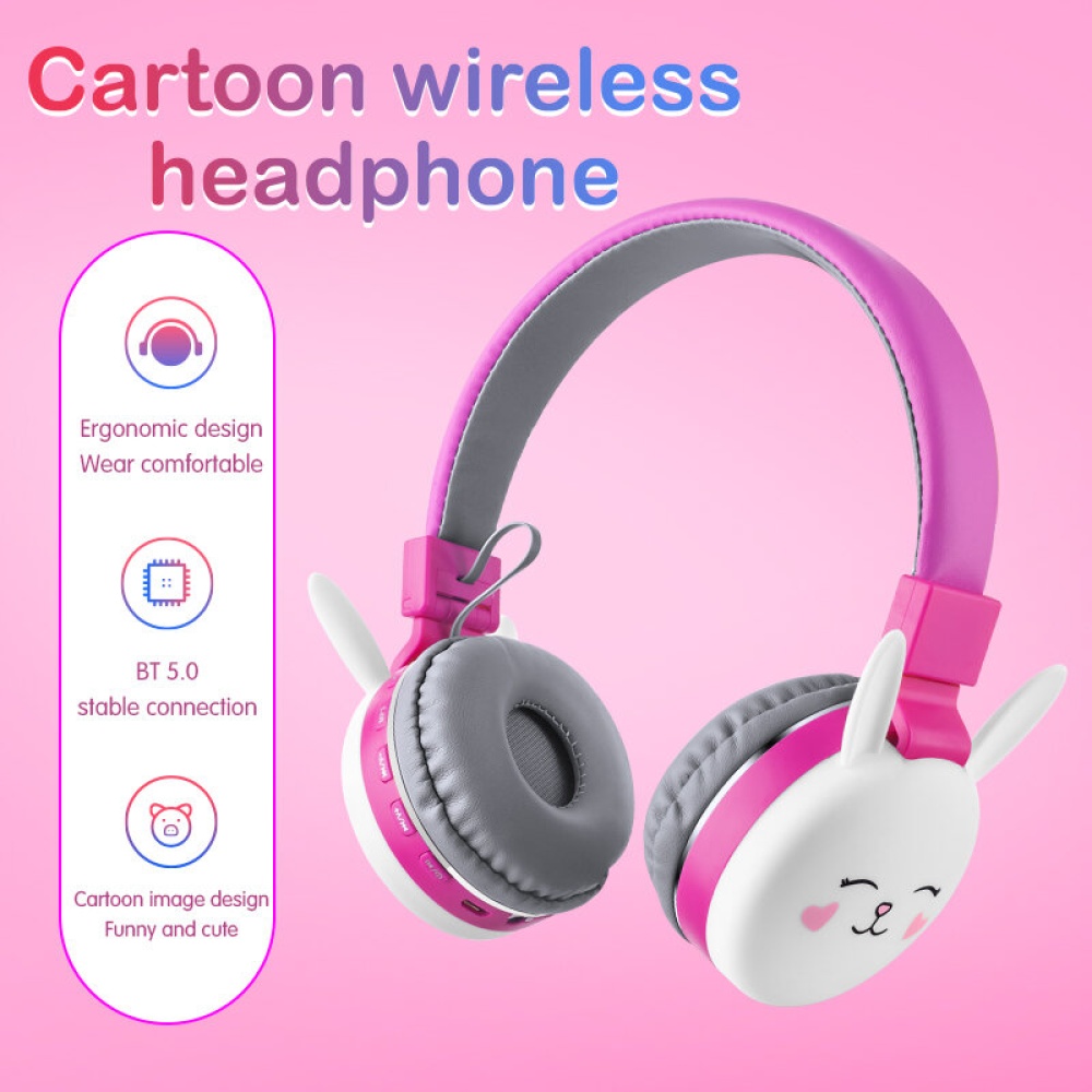 bluetooth V5.0 Headphones HD Stereo TF Card Wireless Foldable Headset Cartoon Animal Rabbit Cat Music Eeadphone with Mic - Rabbit - Image 2