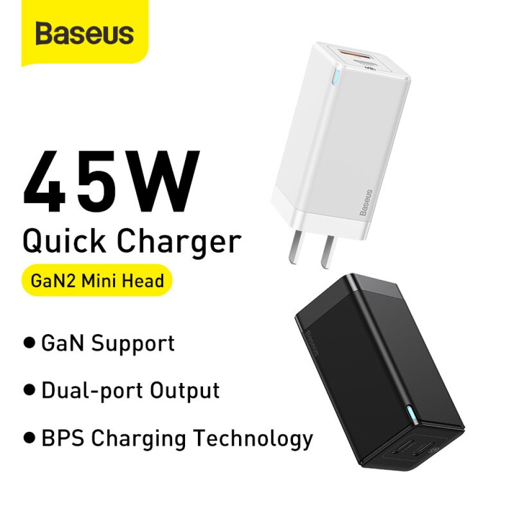 [GaN Tech] Baseus 45W USB-C Wall Charger 2-Port PD3.0 QC3.0 AFC SCP Quick Charge Adapter With Foldable US Plug + 60W USB-C to USB-C Fast Charging Cab - Image 2