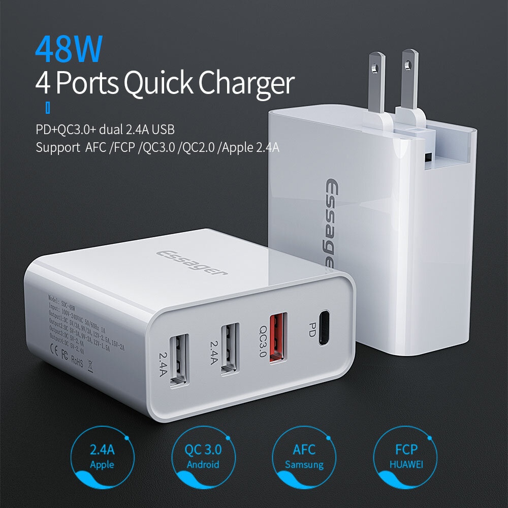 Essager 48W 4 Ports PD QC3.0 USB Charger Fast Charging Travel Wall EU/US/UK for iPhone 12 Pro Max for Samsung Galaxy Note S20 ultra Huawei Mate40 OPP - Image 2