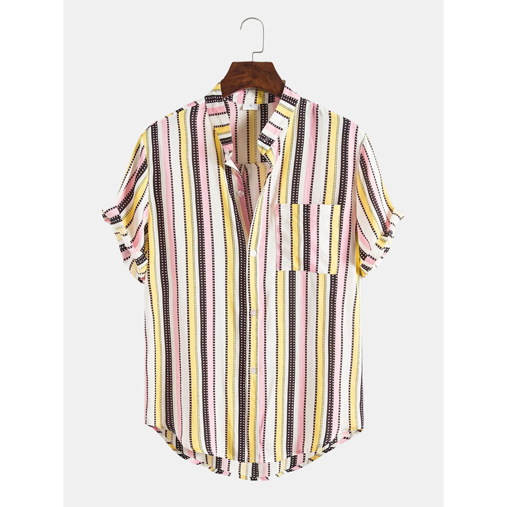 Mens Multicolor Vertical Stripe Short Sleeve Stand Collar Casual Shirts - Colorful XL