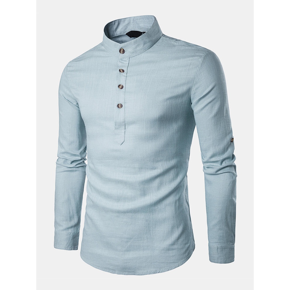 Mens Fashion Cotton Blend Solid Color Long Sleeve Shirts - M White